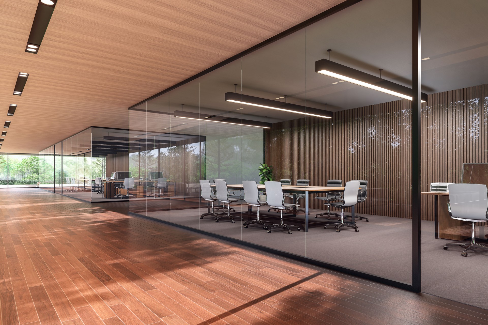 Modern contemporary office corridor with transparent meeting room 3d render